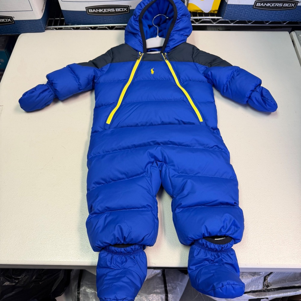 Ralph Lauren Polo Baby Bunting Suit‎ Blue Black Hooded Puffer Snowsuit 6M New
